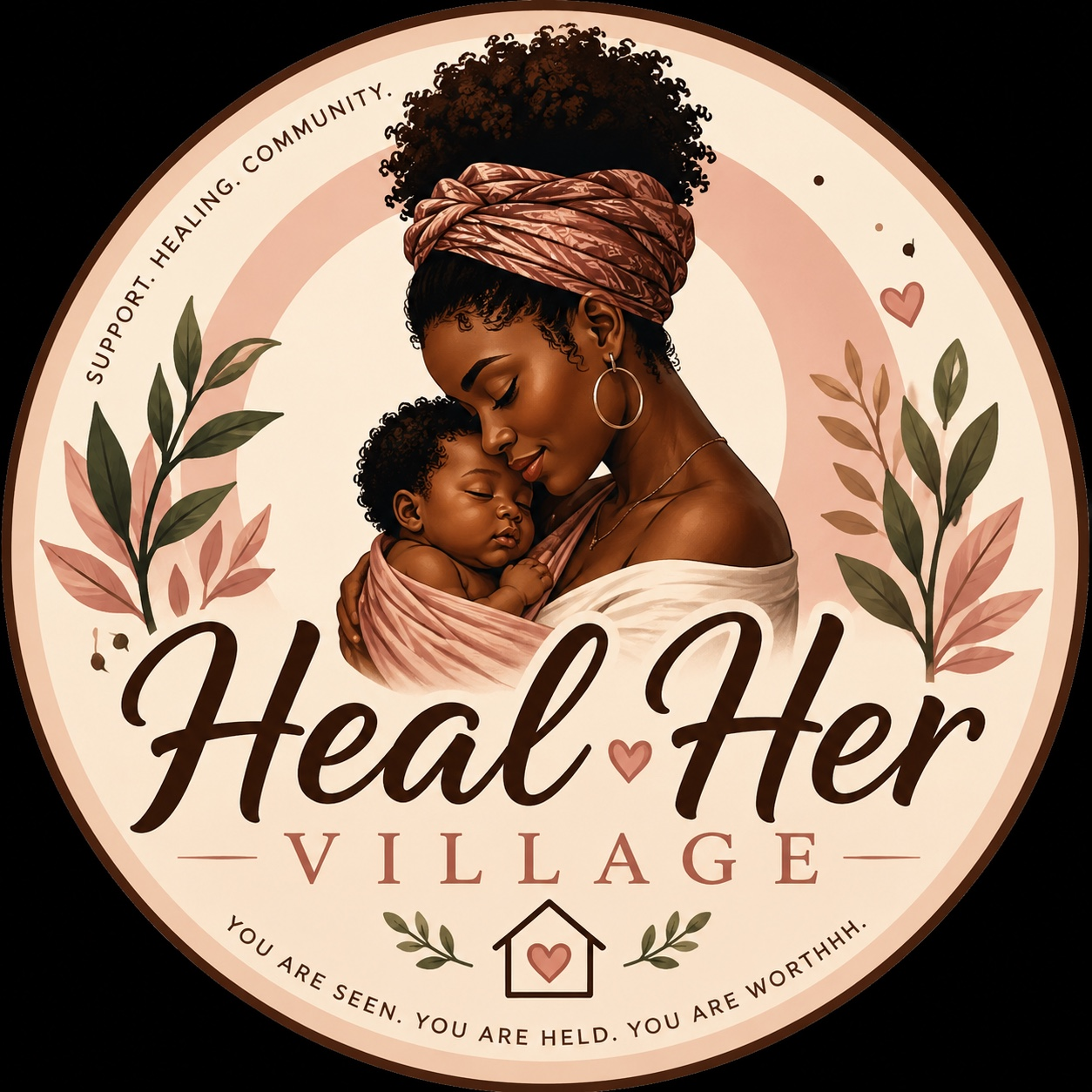 Heal Her Village logo showing a Black mother holding her sleeping baby